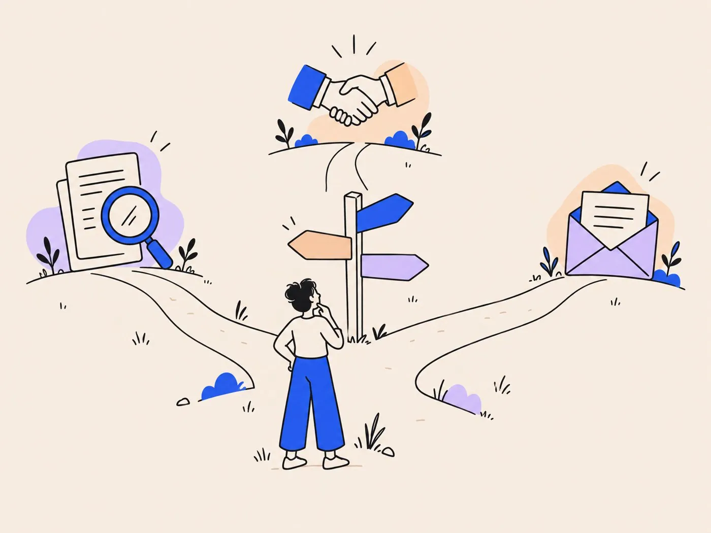 A person at a signpost choosing between three paths: a report under a magnifying glass, a handshake, and an open envelope