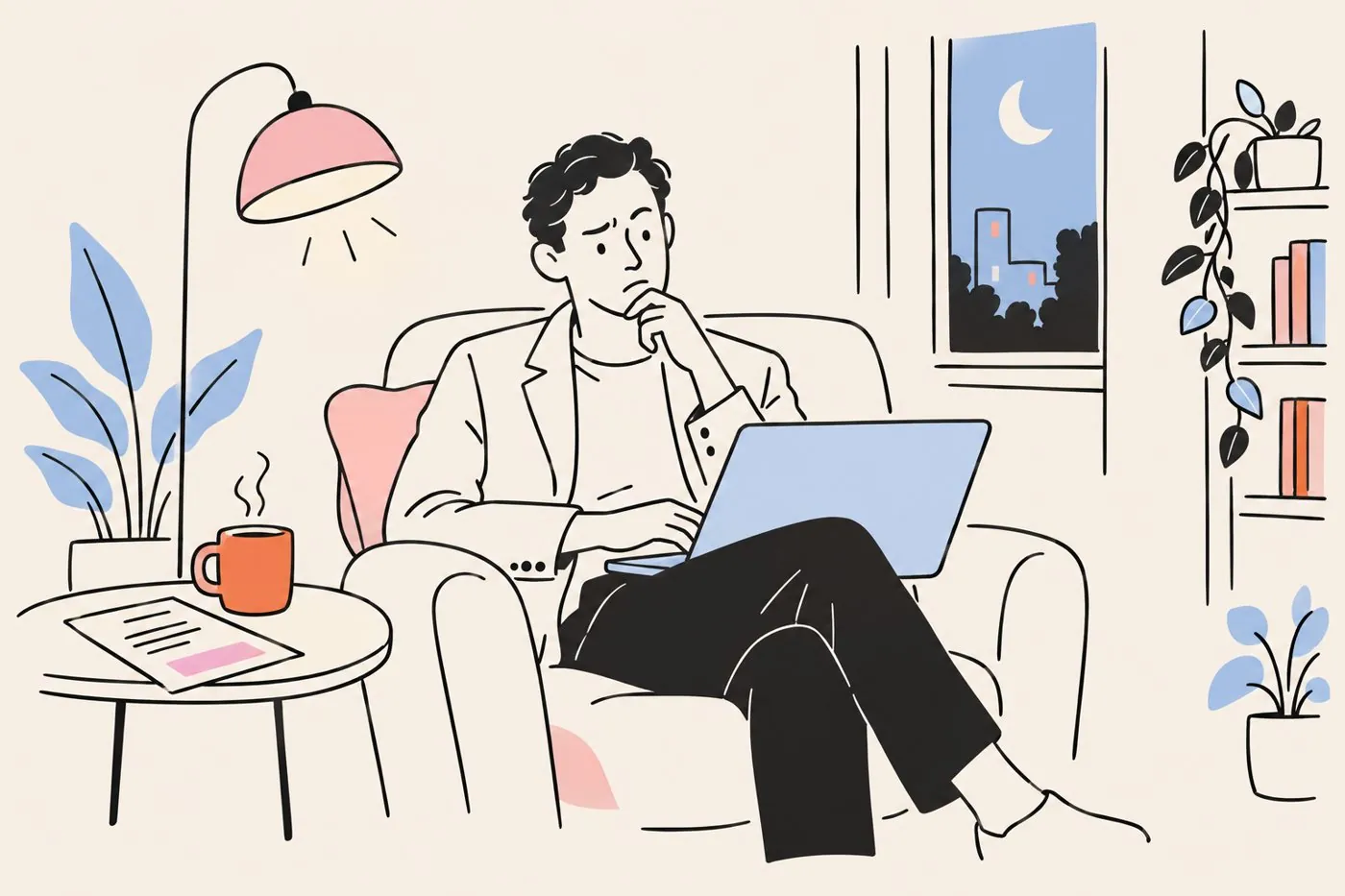 An investor in an armchair at night, reading about a founder on a laptop with an intro email beside them