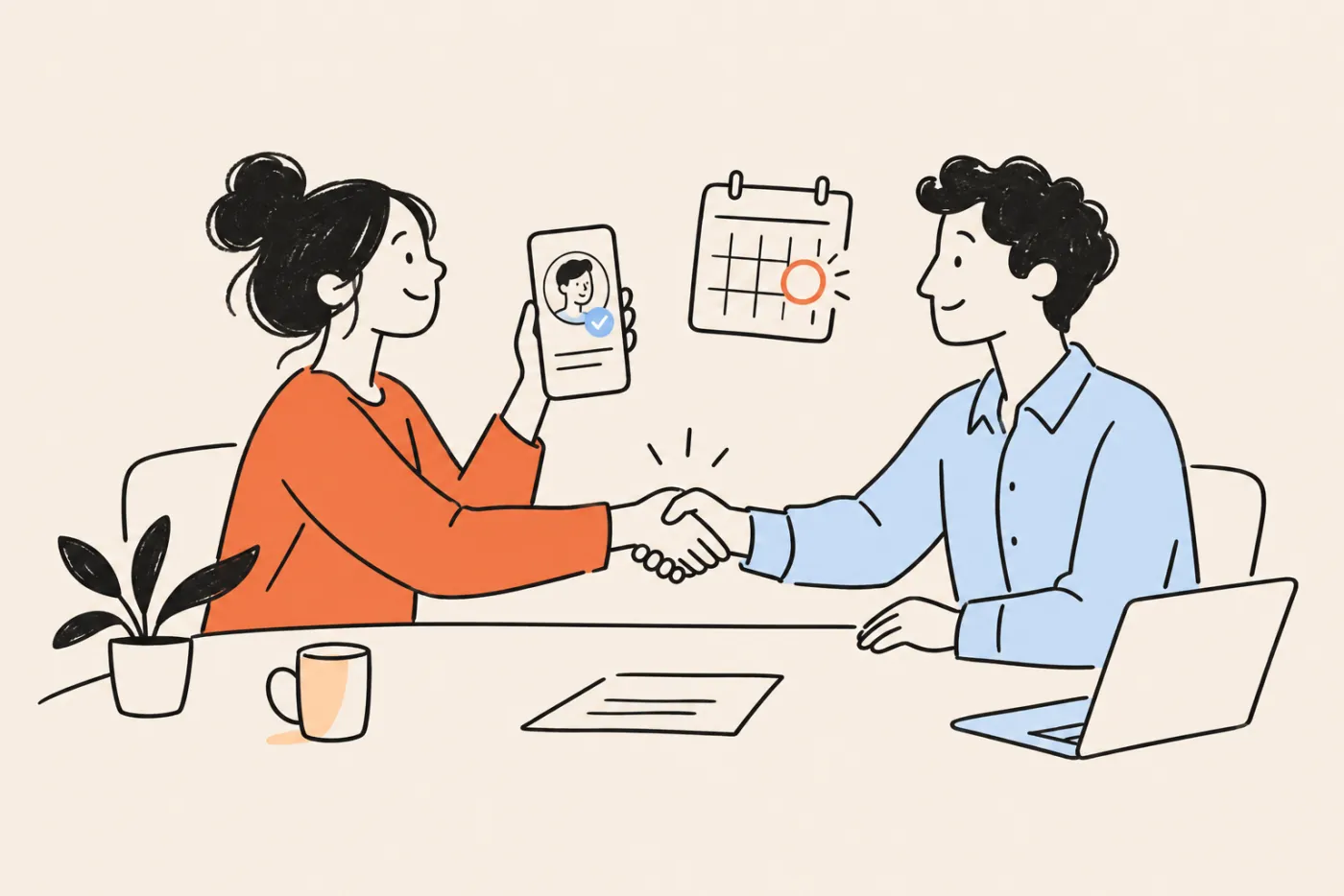 Two people shaking hands while one shows a verified profile on a phone