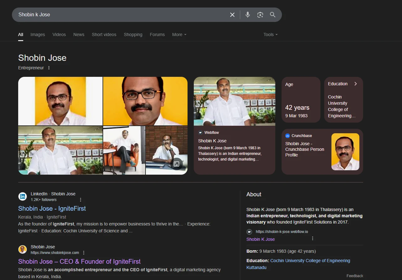 Google search for Shobin K Jose showing his Knowledge Panel