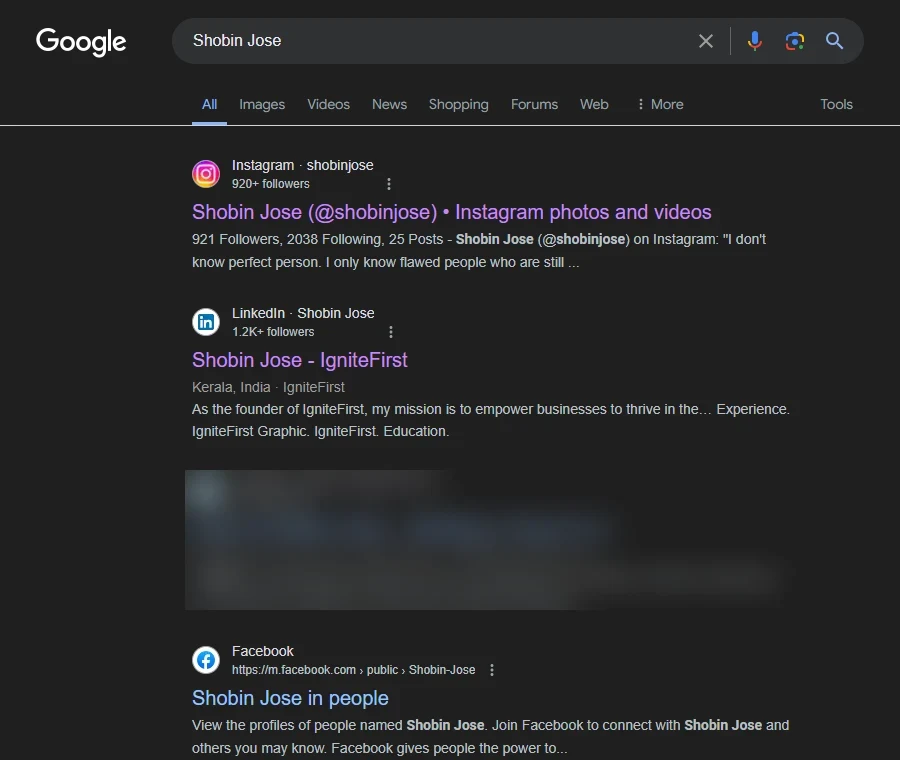 Google results for Shobin Jose with no Knowledge Panel: social profiles and a Facebook people directory, with one result about another person blurred