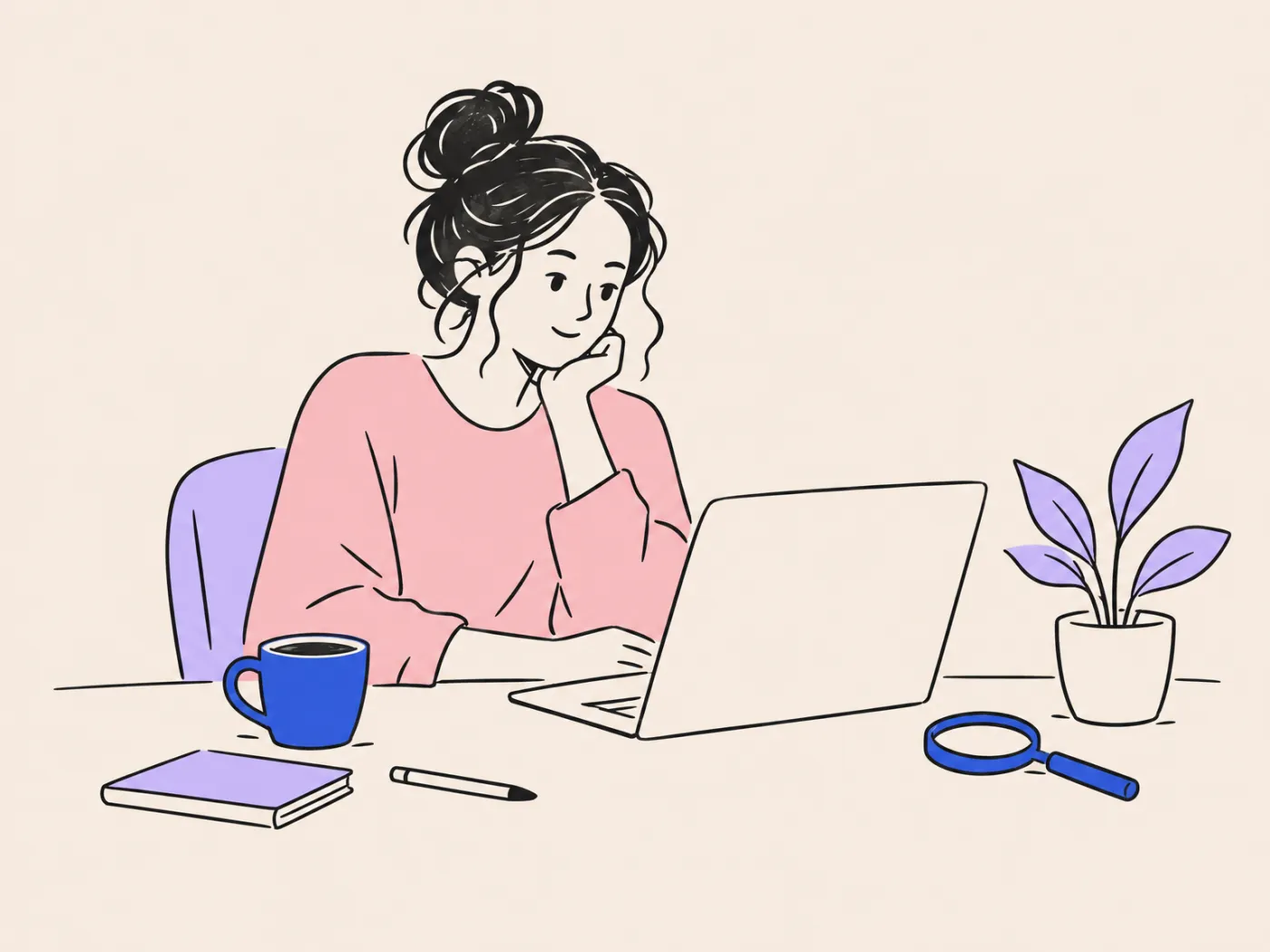 A professional at a desk with coffee, thinking while looking at a laptop