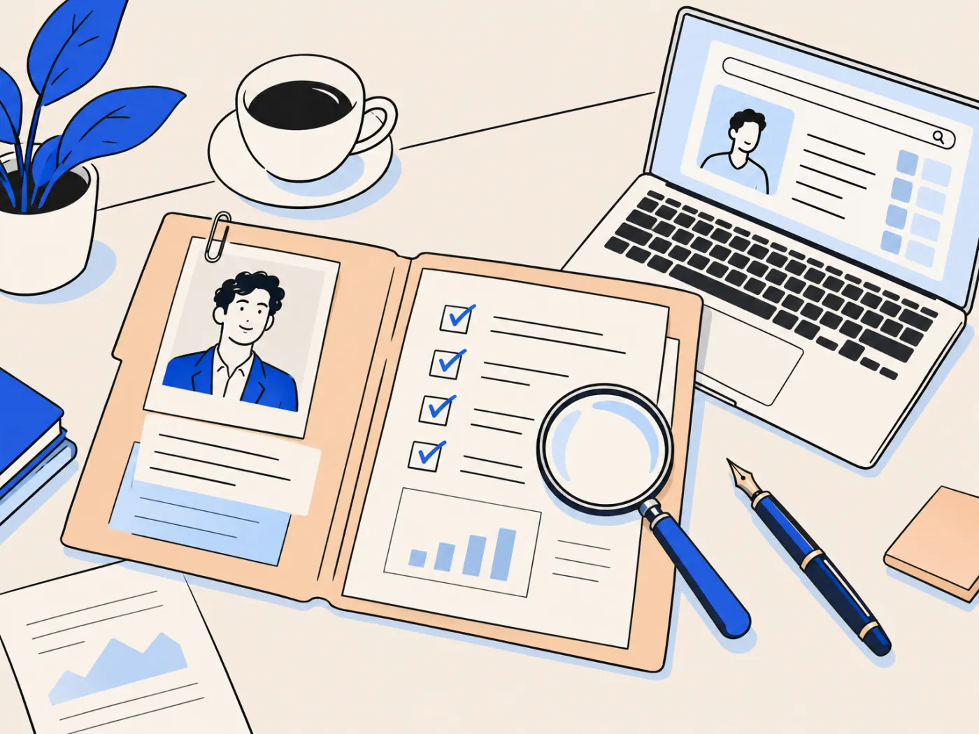 An investor's desk with an open founder dossier, a checklist, a magnifying glass and a laptop showing a search result