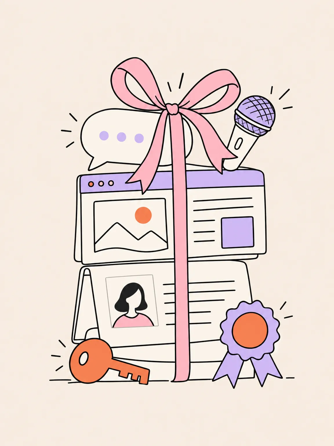 A stack of deliverables tied with a ribbon: a website, a bio sheet, a key, a microphone and a seal