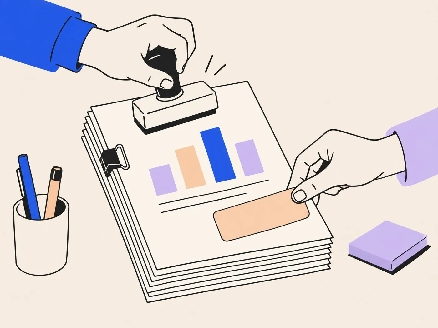 A hand stamping a stack of reports with a blank stamp while another adds a plain label to the cover