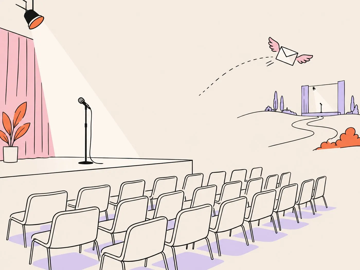 An empty stage with a lone microphone under a spotlight while a winged envelope flies off toward another venue