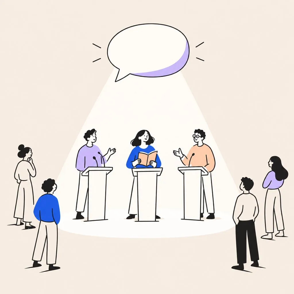 A chat bubble casting a spotlight on three speakers at lecterns while others stand in the shadows