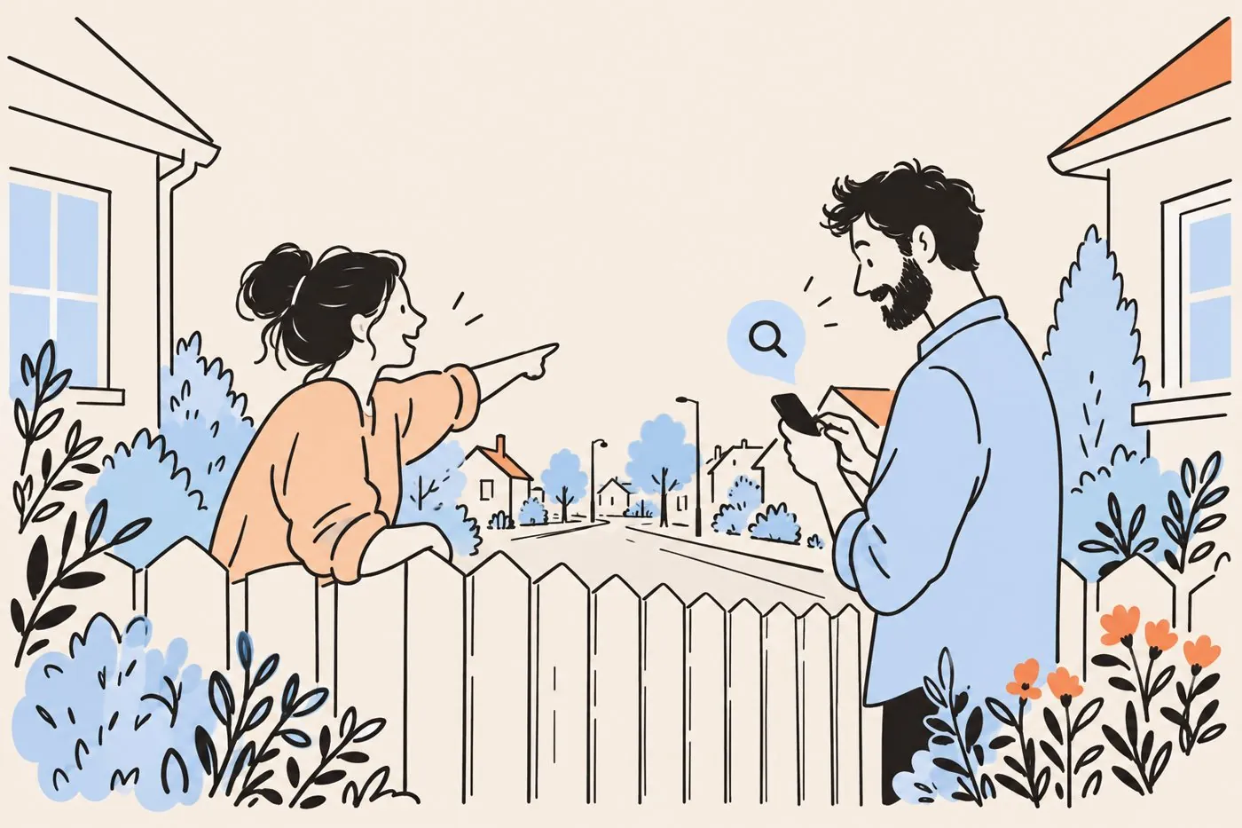 Two neighbors talking over a garden fence while one of them searches a name on a phone