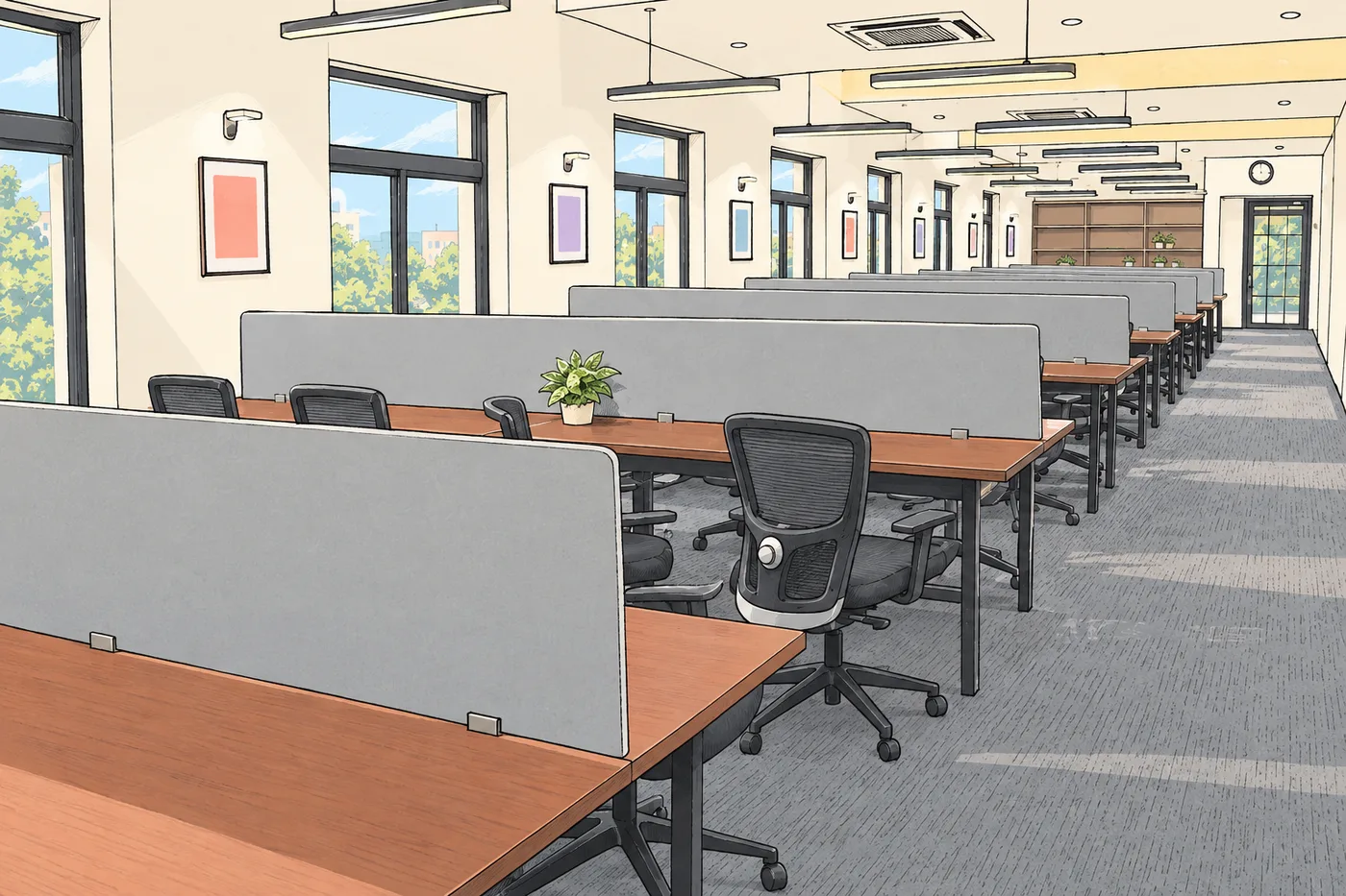 Illustration of the DotVisible work floor: rows of wooden desks with grey dividers, mesh chairs and tall windows