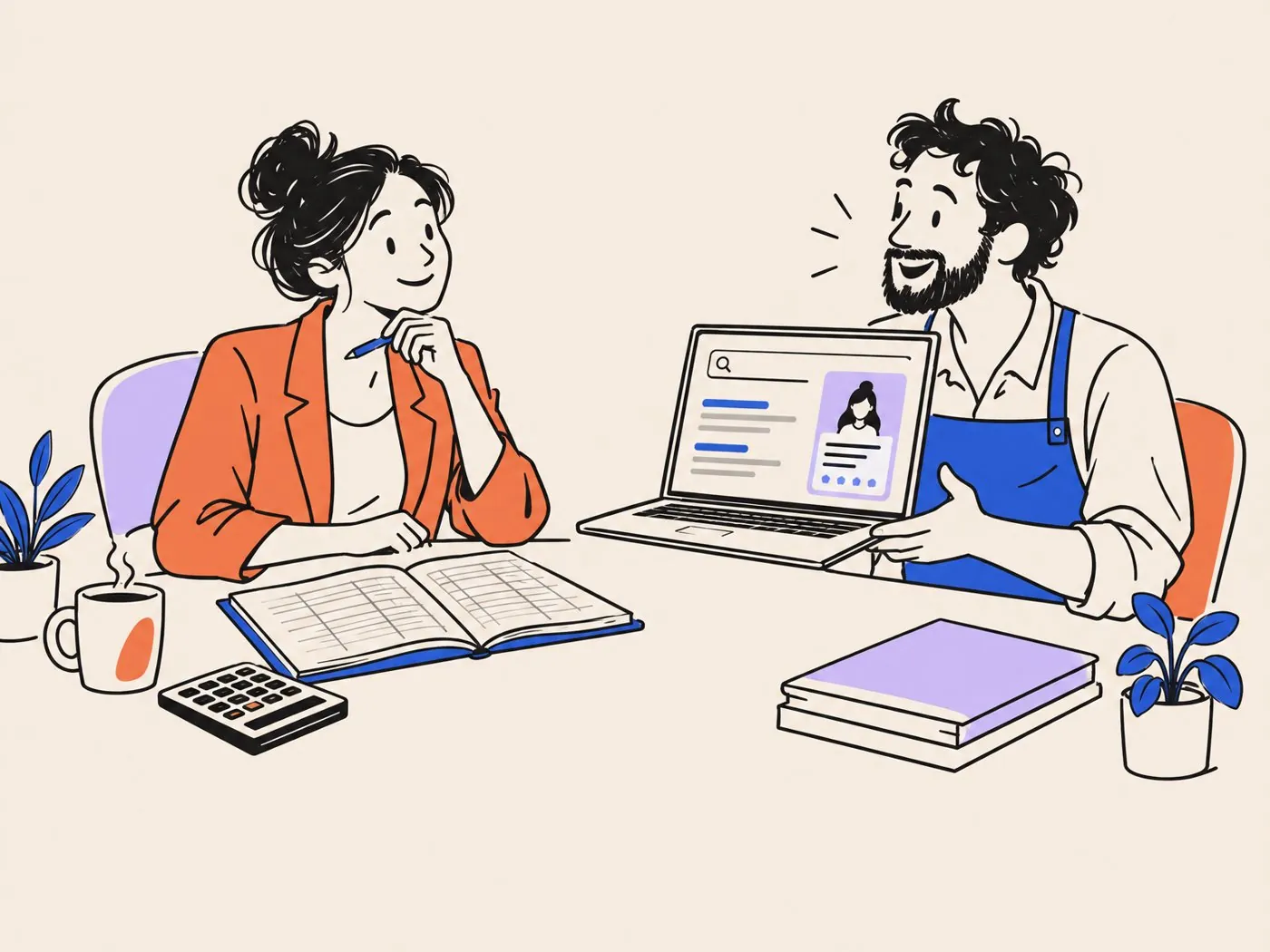 An accountant at a desk with a ledger while a business owner shows her a name search with a profile box on his laptop