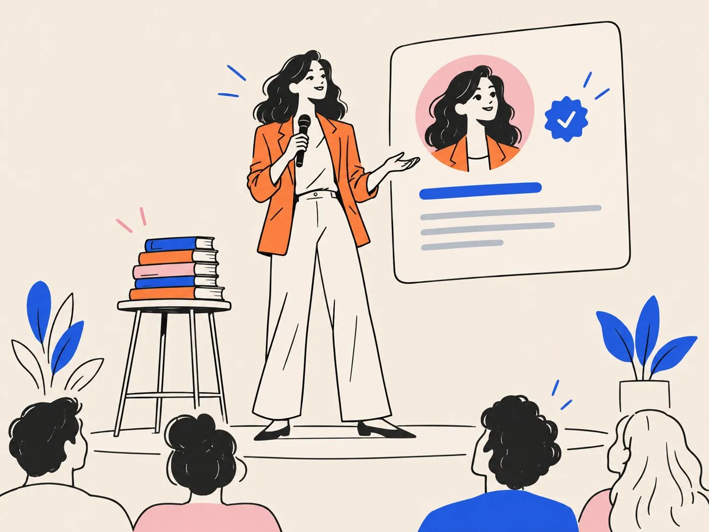 A keynote speaker on stage with a microphone, her books stacked beside her and a verified profile card floating behind her