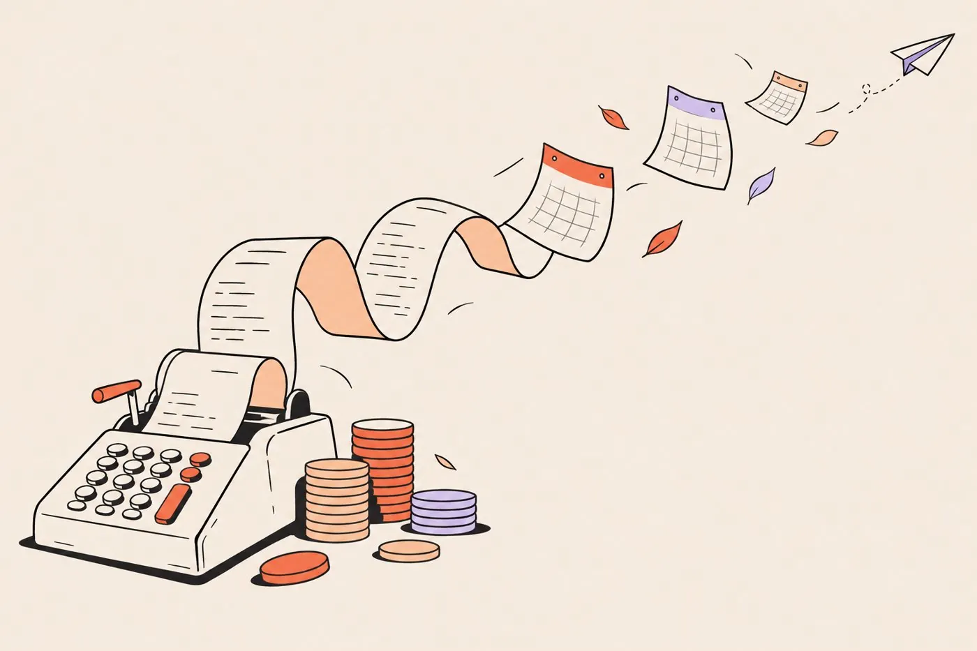 An adding machine printing a long receipt as calendar pages drift away beside stacks of coins