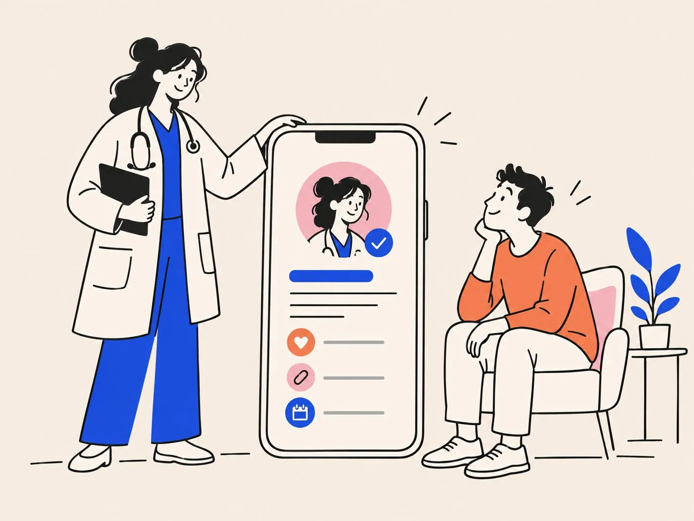 A specialist doctor beside a large phone showing a verified profile card while a patient looks on, reassured
