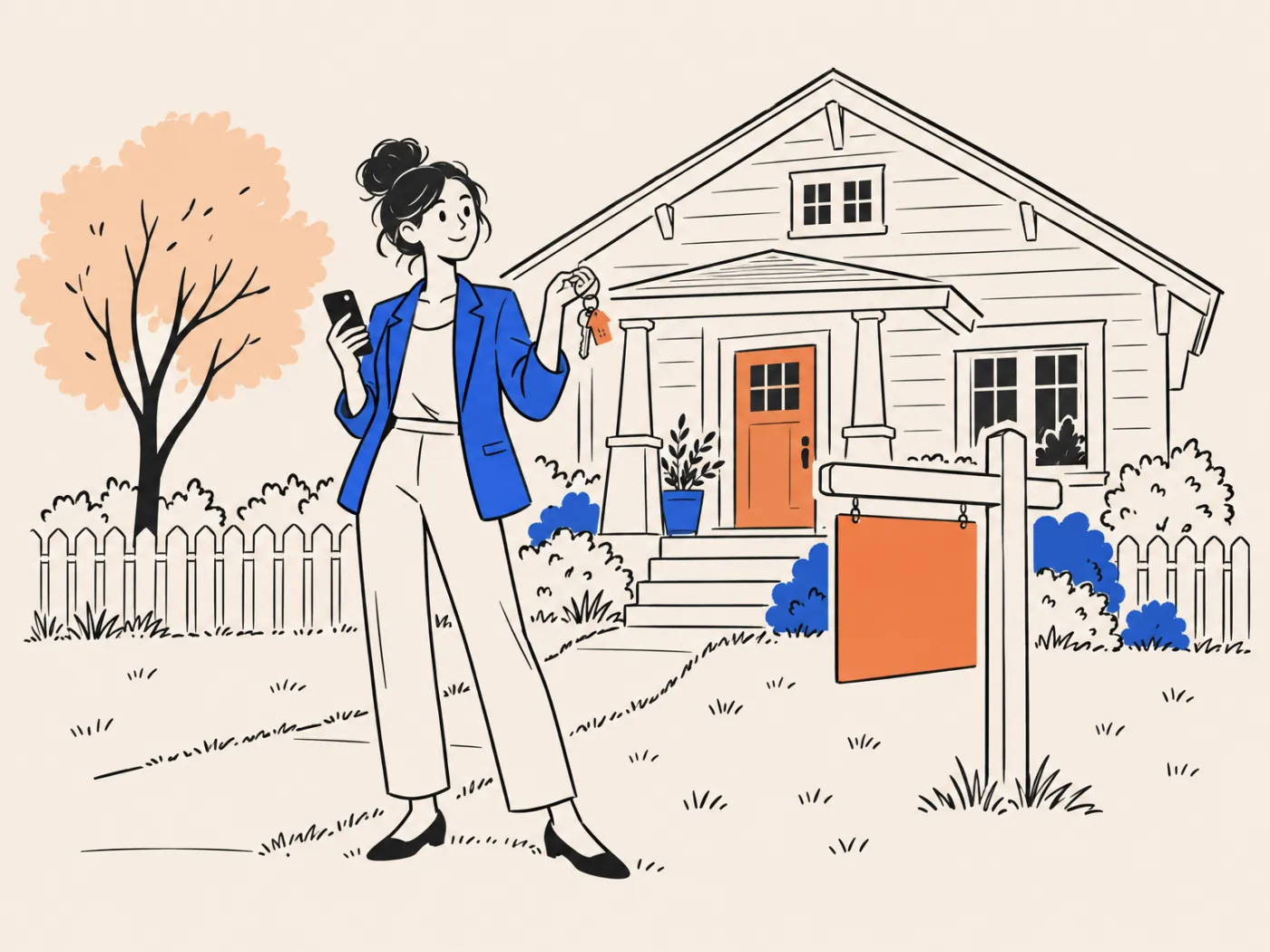 A real estate agent holding a phone and a house key beside a sale sign in front of a craftsman house