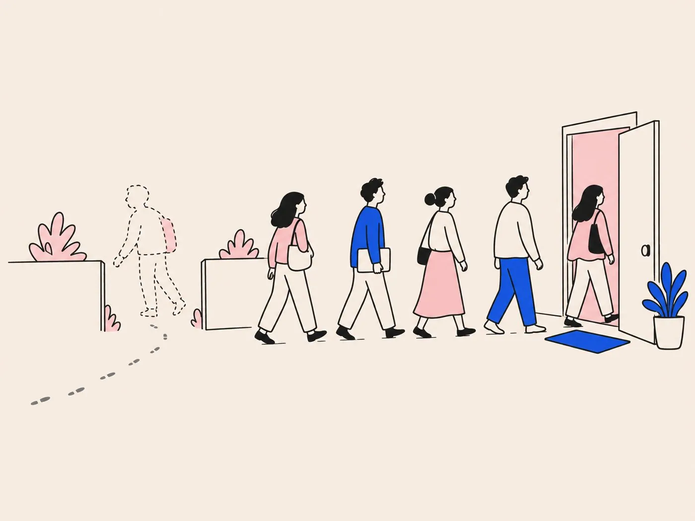A line of people walking toward an open door while one quietly slips away