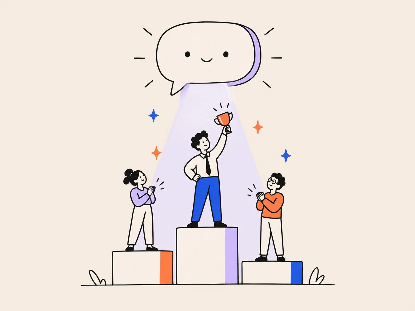 A chat bubble shining a spotlight on three people standing on podiums