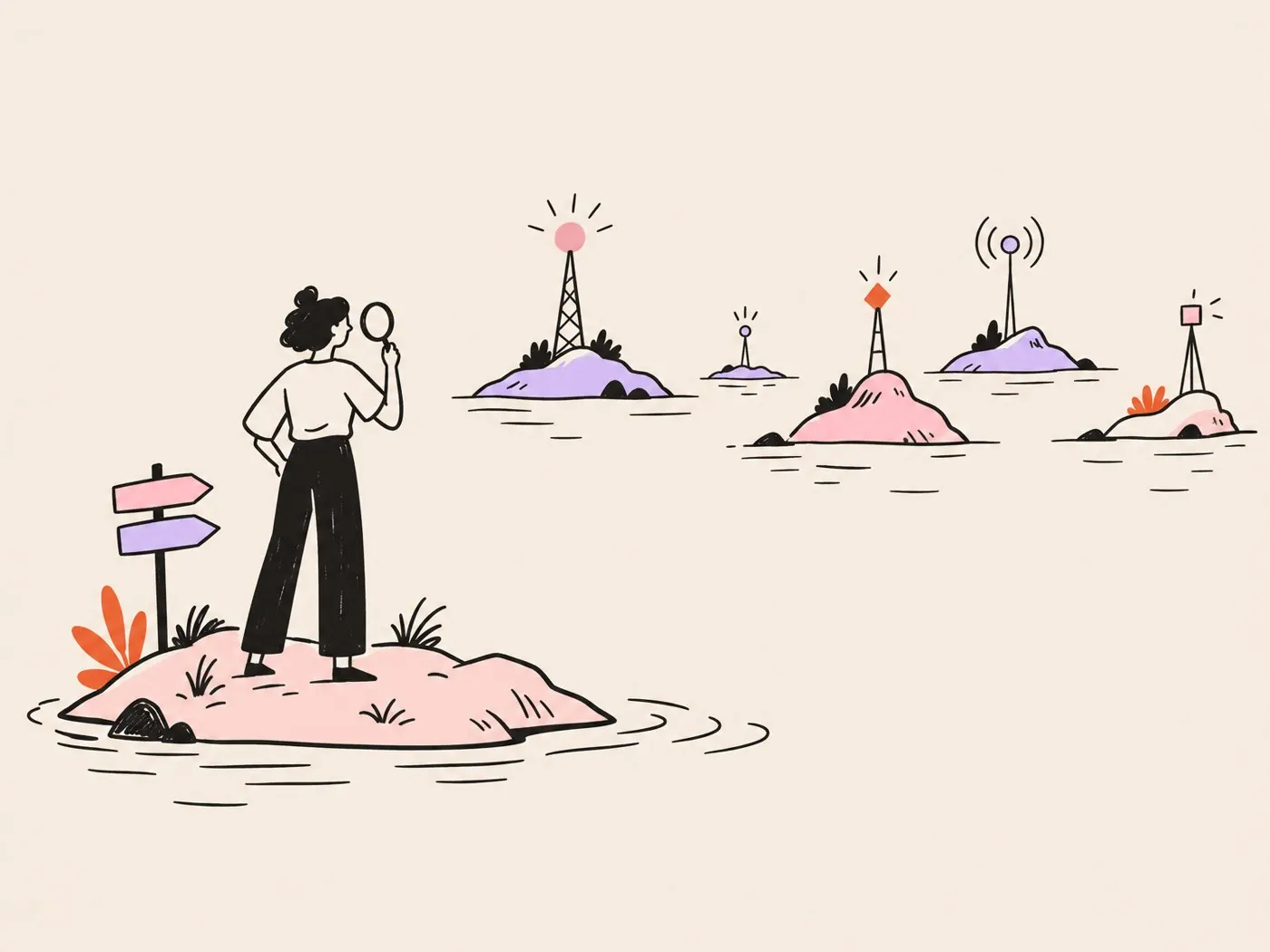 A woman on her own small island looking through a magnifying glass at distant islands topped with signal towers