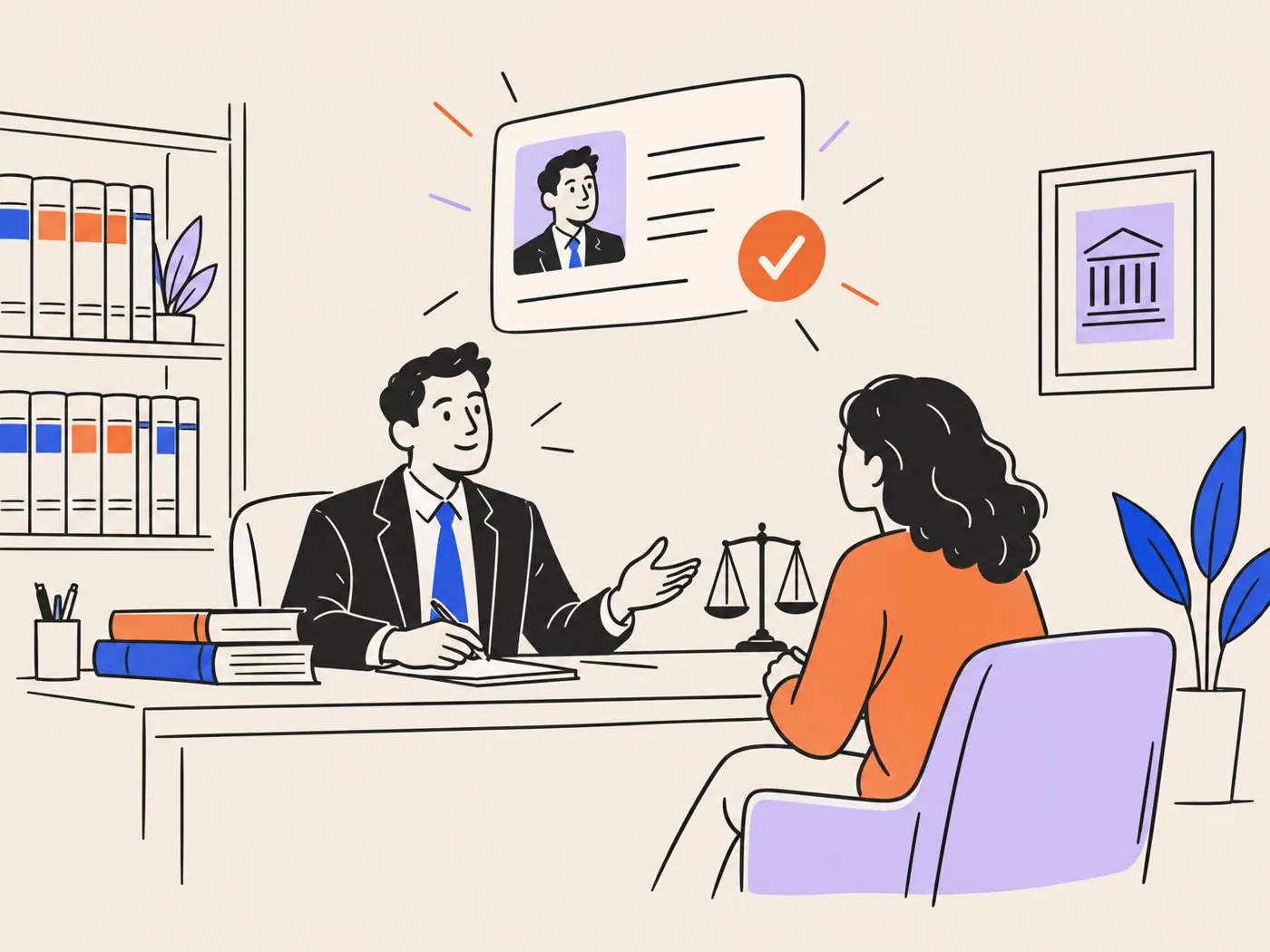 A lawyer in a consultation with a client, a verified profile card with a check mark floating above the desk