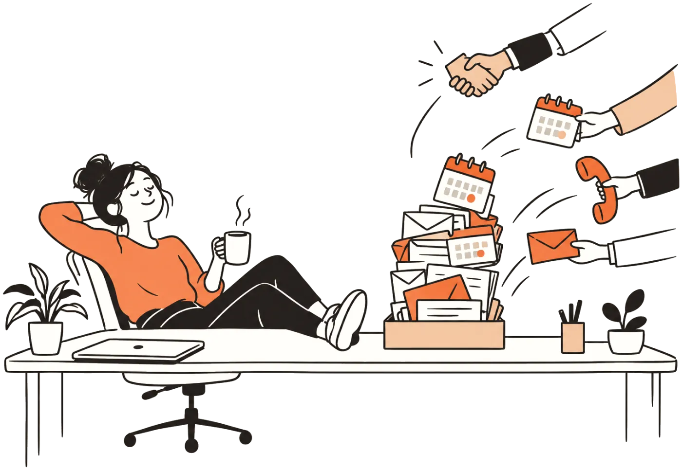 A relaxed professional with coffee while bookings and calls arrive on the desk