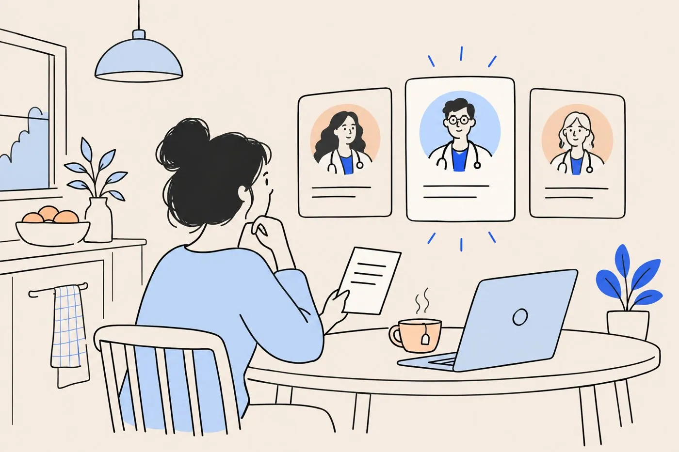 A patient at a kitchen table holding a referral slip and comparing three doctor profiles on screen