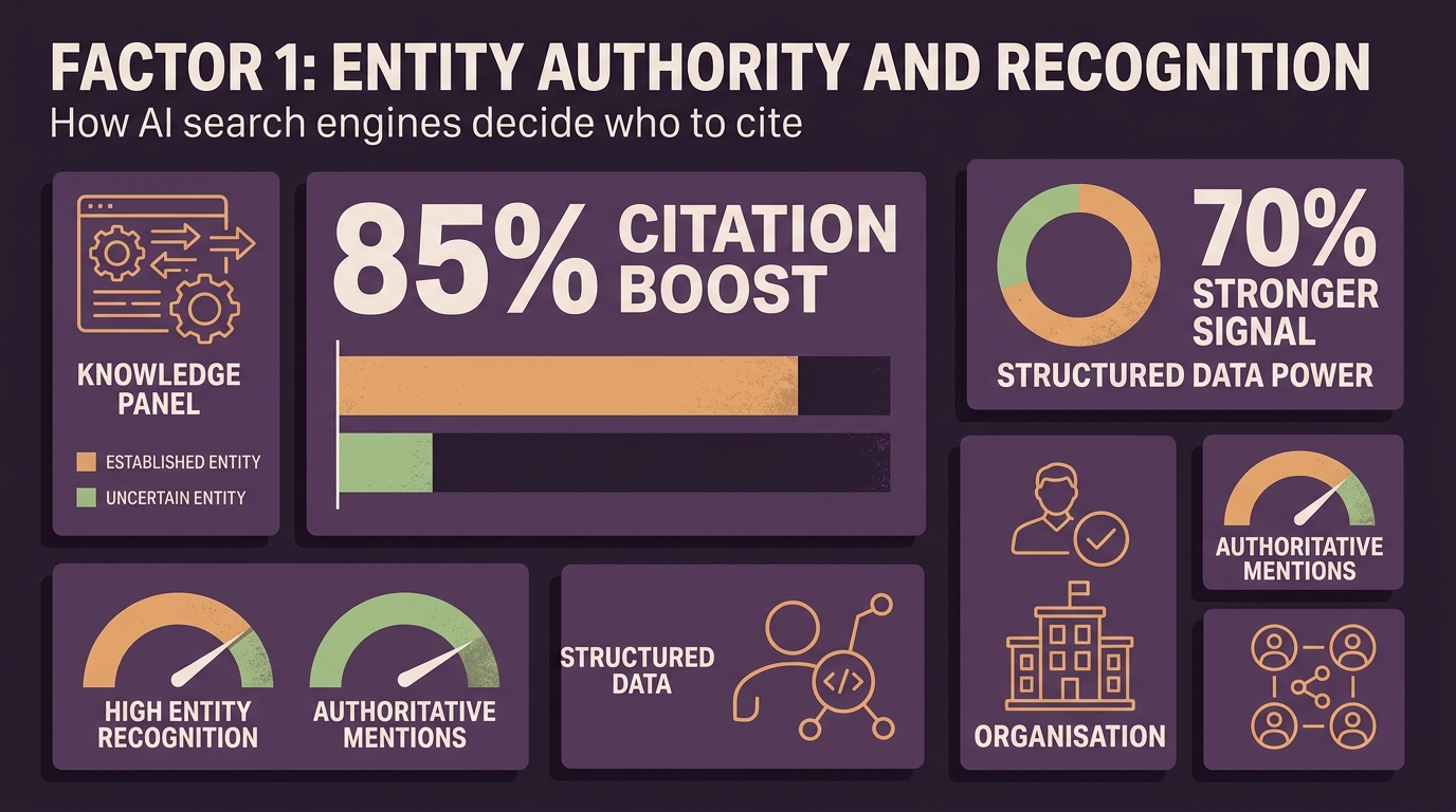 Factor 1: Entity authority vs domain authority — 4.8x higher AI citation probability with 15+ Knowledge Graph entities